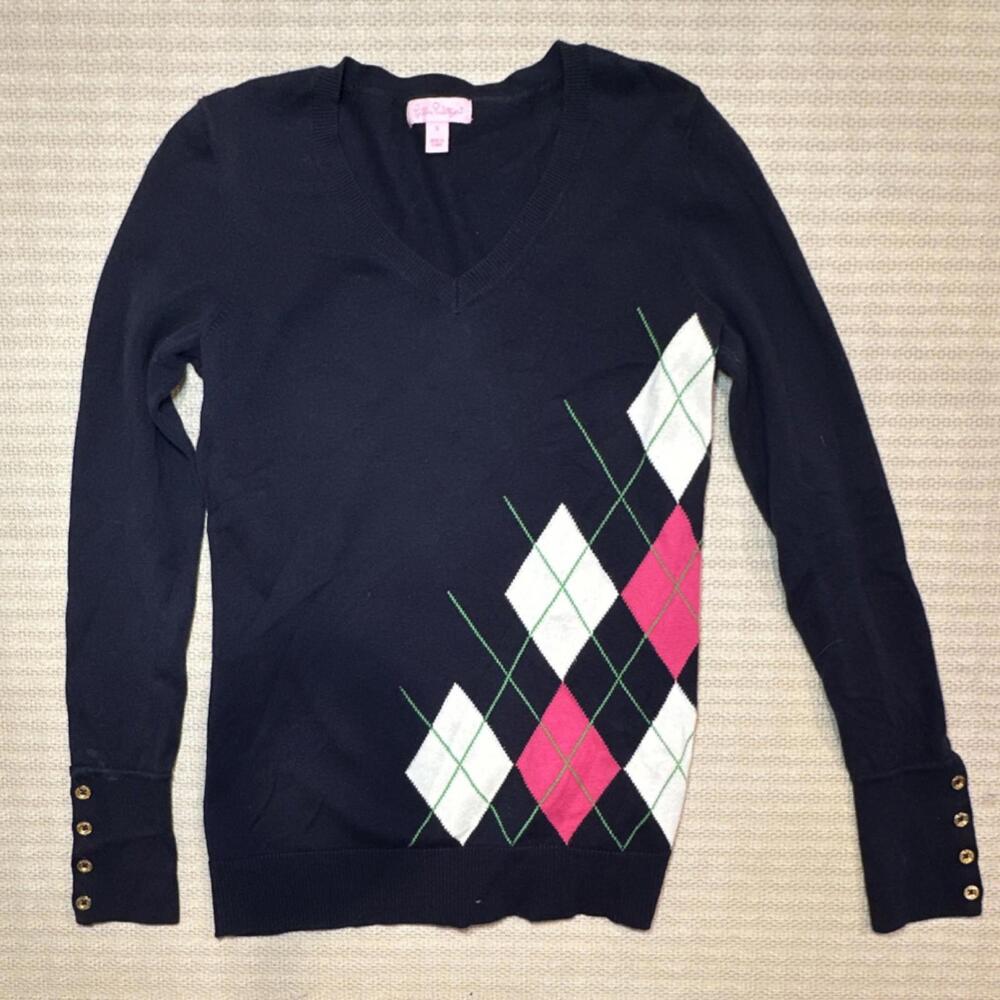 Lilly Pulitzer Women's Knit Argyle Pullover Sweater Navy Pink V-Neck S